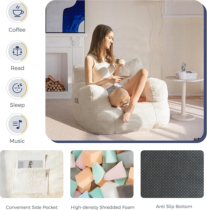 MAXYOYO Bean Bag Chair, Tufted Bean Bag Sofa with Boucle Fabric, Comfy Lazy Chair with Filler, Living Room Sofa for Adults Teens, Accent Couch for Bedroom Dorm, Beige