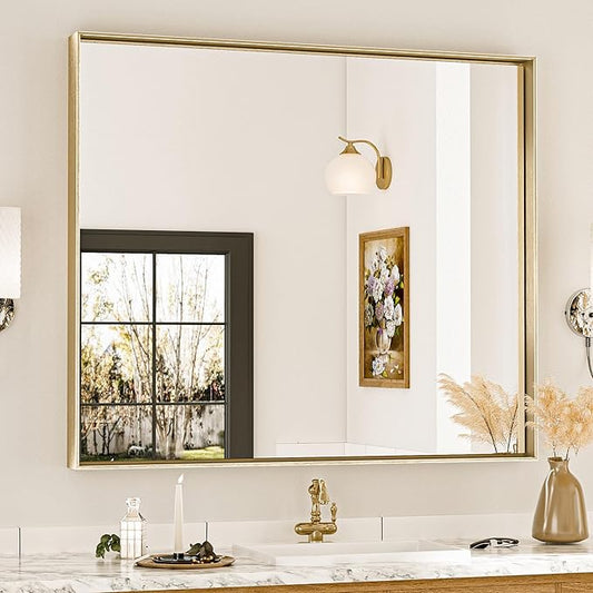Keonjinn Brushed Gold Bathroom Mirror 42 x 36 Inch Metal Frame Rectangular Large Wall Mirror for Bathroom Sink Gold Vanity Mirror for Over Sink Aluminum Alloy Rectangle Mirror(Horizontal/Vertical)