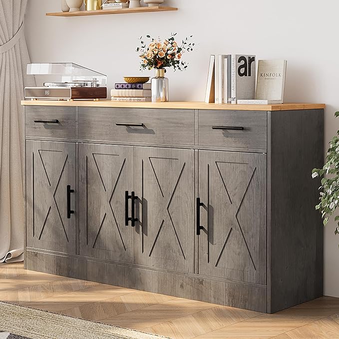 Shintenchi Buffet Cabinet with Storage,53.4" Large Kitchen Storage Cabinet with 3 Drawers and 4 Doors,Wood Farmhouse Buffet Sideboard with Adjustable Shelf for Kitchen Living Room,Ash Grey