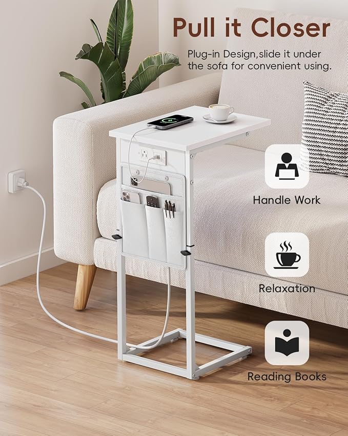Vagusicc C Shaped End Table with Charging Station, Adjustable Height Side Table for Couch, Small Sofa Table for Small Spaces, Slide Under Sofa Table TV Tray Arm Tables for Living Room, Bedroom, White