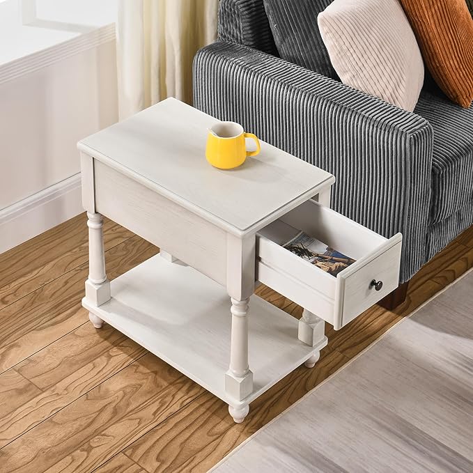 LEEMTORIG Solid Wood End Table Narrow Side Table with Drawer, Cherry Wood End Table Living Room, 13" W Slim Bedside Table Small Nightstand, 22" D x 22.7" H, No-Tools Assembly, Gray White BBJ-004-RW