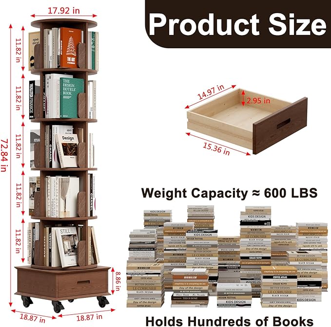 Solid Wood Rotating Bookshelf Tower on Wheels, 5-Tier Spinning Bookcase with Drawer, 72" Floor Standing Revolving Bookshelf, Rotating Bookcase for Small Space, Walnut