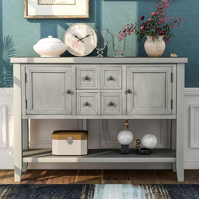Merax Modern Wood Buffet Table with Storage Shelf, 2 Drawers and 2 Cabinets Buffet Coffee Bar Cabinet for Living Room Dinning Room Kitchen (Antique Gray)