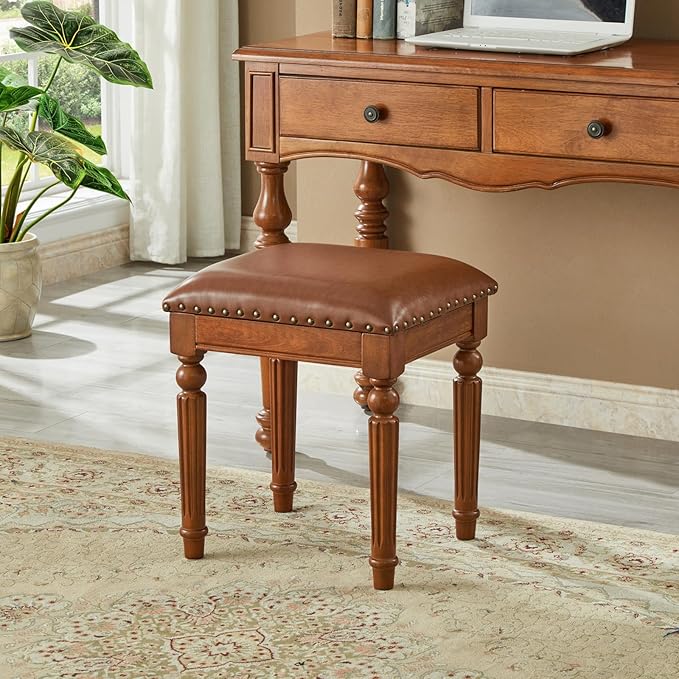 Vanity Bench Stool with Microfiber Leather Cushion, Vanity Chair Ottoman Dressing Stool with Solid Wood Legs for Bedroom, Makeup Room, Dressing Room (Flat Brown)