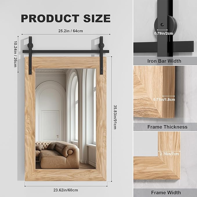 Hasipu Farmhouse Bathroom Mirror, 24"x36" Rustic Wood Framed Wall Mounted Mirror, Brown Vintage Vanity Mirror Barn Door Style Decrative Mirrors