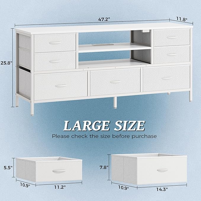 Huuger Dresser for Bedroom With Power Outlets and LED Lights, 7 Drawers TV Stand for 55 Inch TV, 47 Inches TV Console With Open Shelf, Wide White PU Leather