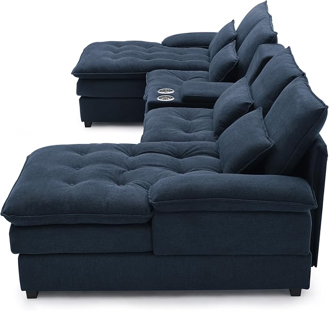 130" U-Shaped Sectional Sofa with Storage Console & Cup Holders, Upholstered 6 Seat Living Room Sleeper Couch Furniture Set w/Chaise, Cloud Cushion Couch for Home, Office, Apartment,Blue