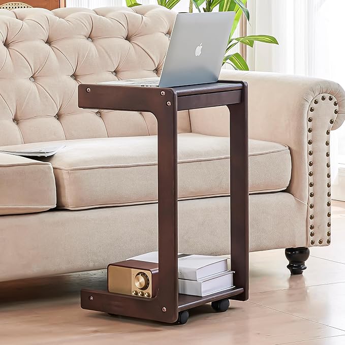 CozyDH C Shaped Solid Wood End Table, Rolling Side Table TV Sofa Tray Table for Eating,Multi-Purpose C Couch Arm Table, Small Coffee Table with Wheels Living Room Bedroom, Walnut
