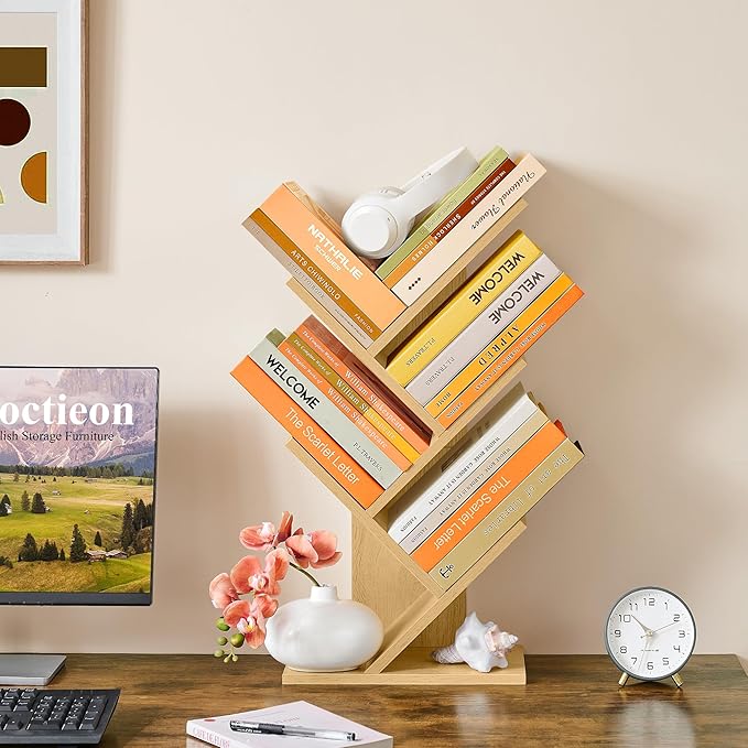 Hoctieon 4 Tier Tree Bookshelf, 4 Shelf Bookcase, Free Standing Tree Bookcase, Display Floor Standing Shelf for Books, Book Organizer Shelves for Home Office, Living Room, Bedroom, Yellow