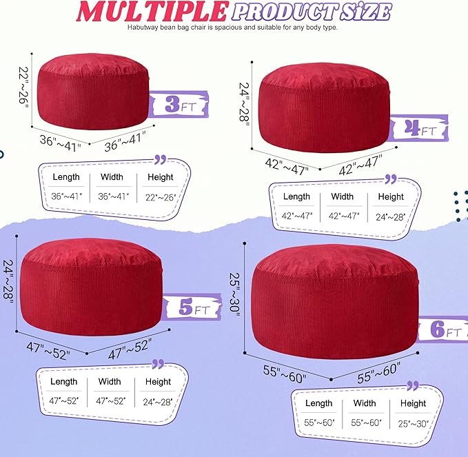HABUTWAY 4FT Bean Bag Chair,Giant Bean Bag Chairs for Adults,Big Bean Bags with Memory Foam Filled, Large Beanbag Chairs with Soft Corduroy Cover-RED