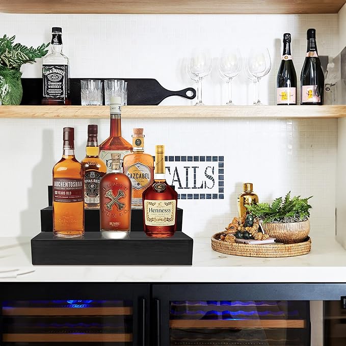 Royxen Wood Liquor Bottle Shelf 3 Tier Bar Shelf Freestanding Vintage Liquor Bar Stand for Home Bar Decor, 16" Black