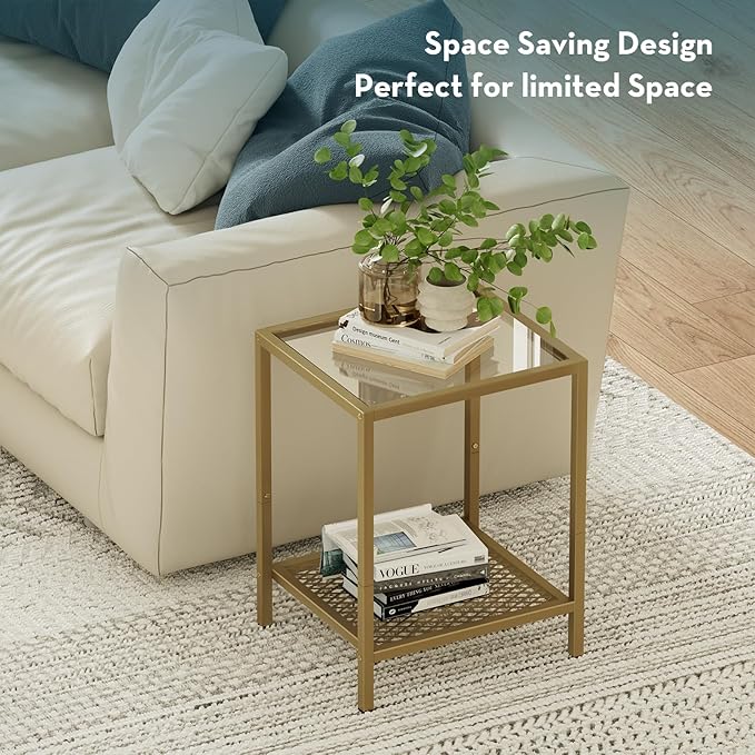 SAYGOER Glass Side Table Small Gold End Table for Narrow Space 2-Tier Square Nightstand with Storage,13.3" x 11.8" x 19.7",Modern Bed Side Table with Metal Frame for Bedroom Living Room, Easy Assembly