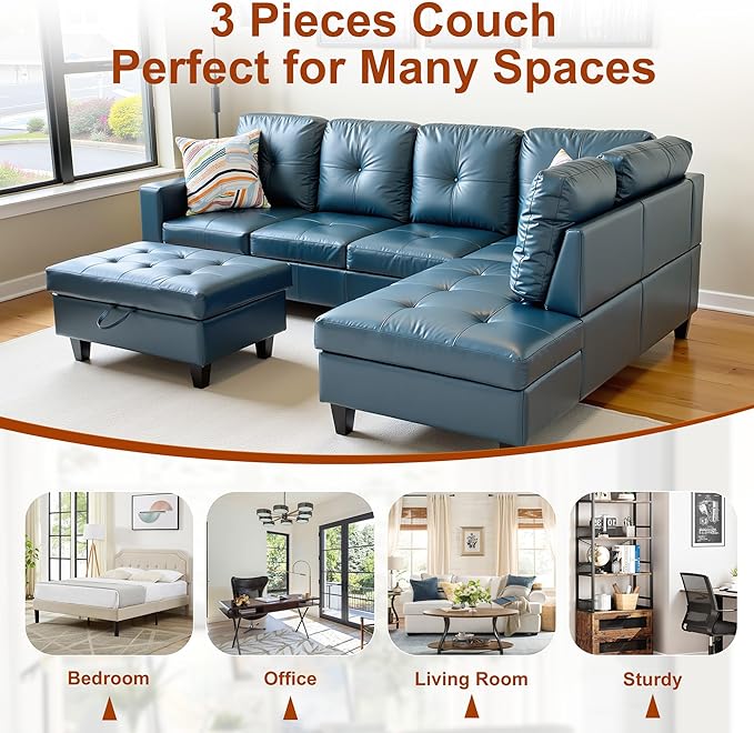 Osparple Sectional Couch PU Leather L Shaped Couch 3 Pieces Modular Sectional Sofa with Storage Ottoman for Living Room and Small Apartment, Peacock Blue