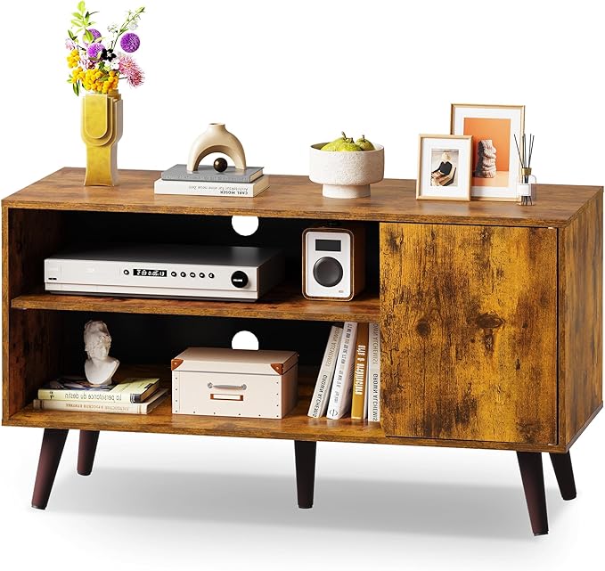 WLIVE TV Stand for 43 Inch TV, Small Entertainment Center with Storage Cabinet & Adjustable Shelves, Mid-Century Modern TV Stands for Living Room and Bedroom, 32" TV Console, Brown