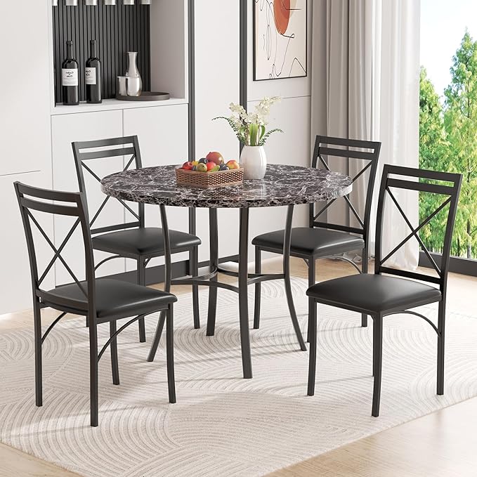 VECELO 5 Piece Dining Table Set for 4, Faux Marble Dinette with Chairs for Kitchen, Breakfast Nook, Small Space, Dark Black