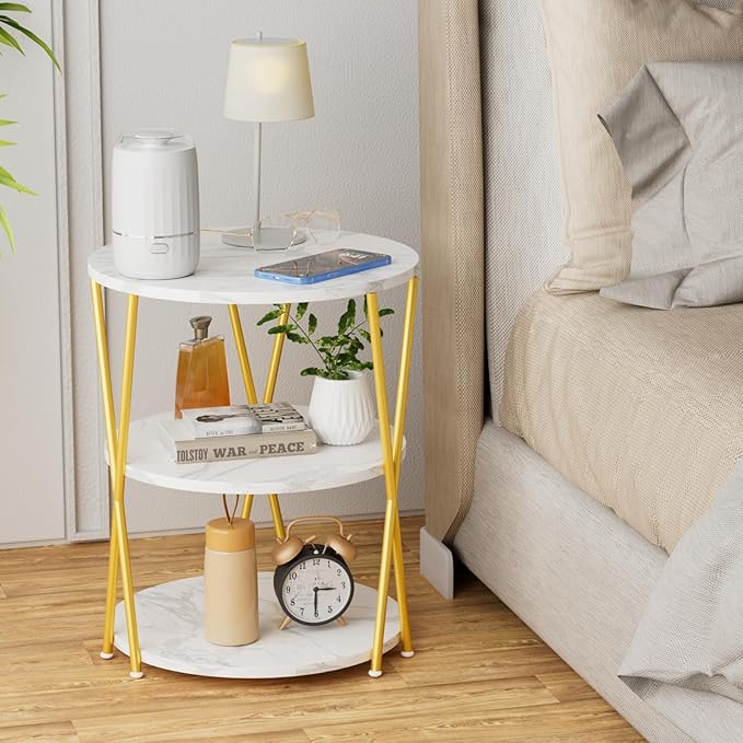 Big Side Table, 3-Tier Large Size Round End Table with X-Leg Design, Nightstand Bedside Table for Living Room, Bedroom, Drink Table Coffee Table for Patio, Indoor Outdoor Use, 16.5''x16.5''x22.8''