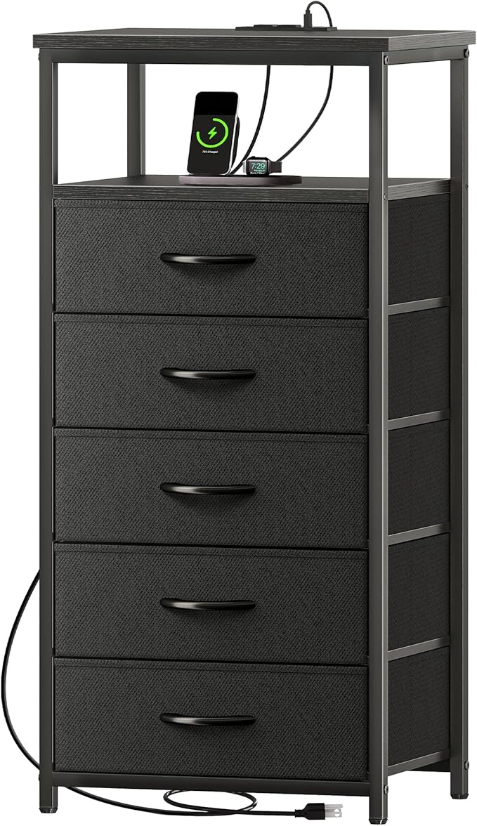 Huuger 5 Drawers Dresser with Charging Station, Dresser for Bedroom, Tall Night Stand, Chest of Drawers with Open Shelf, Bedside Table Nightstand, Fabric Storage Drawers, for Entryway, Black