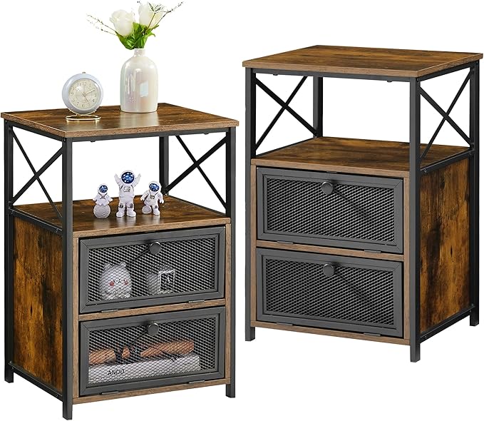 VECELO Modern Night Stand, End Side Table with Storage Space and Door, Nightstands with Flip Drawers for Living Room,Bedroom,Lounge,Set of 2, Brown
