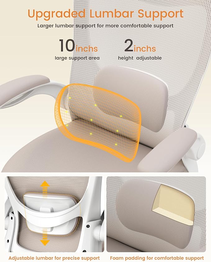 Office Chair, Ergonomic Desk Chair with Adjustable Lumbar Support and Flip up Armrest, Breathable Mesh Computer Chair for Home Office, Khaki