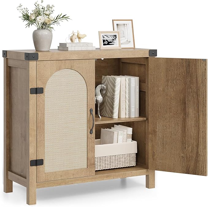 IDEALHOUSE Rattan Buffet Cabinet with Storage, Sideboard with Synthetic Rattan-Accent Doors, Adjustable Shelves, Storage Cabinet for Living Room Dining Room Hallway, Natural