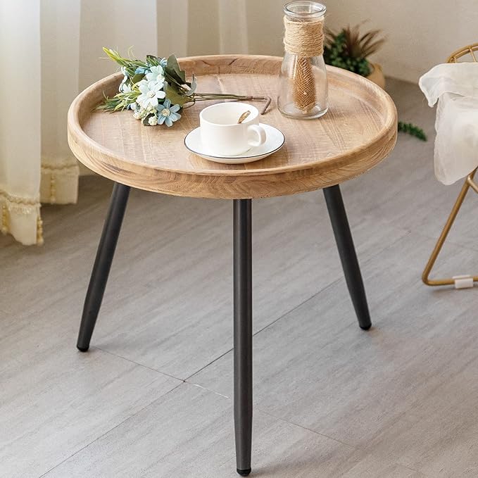 LITA Log Desktop Round Side End Table, Indoor Outdoor Wooden Tray Nightstand Table with Metal Stand for Living Room Bedroom Office Small Spaces (M)