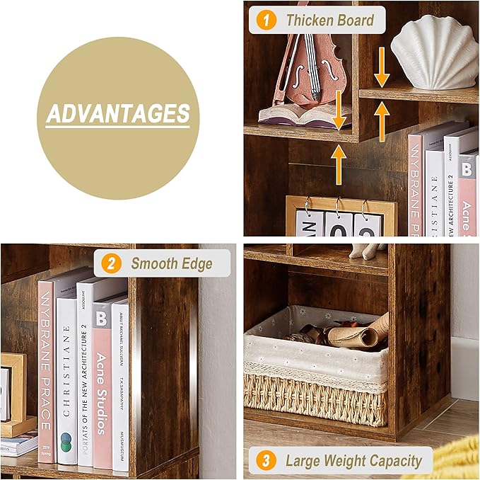 VECELO 42 Inch High Bookcase, 4-Tier Modern Storage Cabinet with Height Difference Shelves for Standard Textbooks, Floor Standing, 7 Cubes, Horizontal Available, Easy Assembly, Rustic Brown