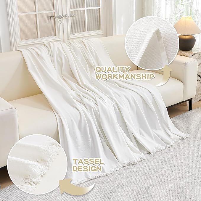 MYSKY HOME Couch Covers for Pets Thick Chenille White Cream Sofa Slipcover with Tassel Non Slip Soft Couch Sofa Cover, Washable Furniture Protector Sofa Slipcover with Tassel for Kids, Dogs, 91"x118"