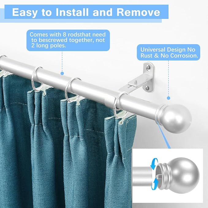 Curtain Rods for Windows 16 to 120 Inches, Curtain Rod Max Adjustable Length of 132 IN, 6/8" Diameter Drapery Rods Round Finials, Satin Silver, Pack of 1