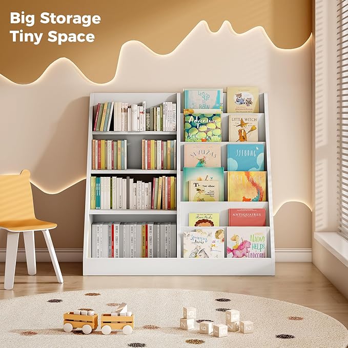 Tatub 6 Tier Kids Wooden Bookshelf and Toy Storage, Children Toy Organizer with Book Shelves, Toddler BookRack Baby Bookcase for Nursery, Playroom and Classroom, White