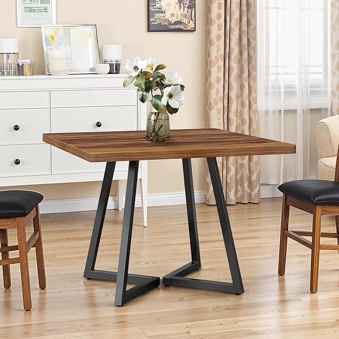 Square Dining Table for 2-4, 31.5" Small Dinner Table with Metal Frame Base Square Kitchen Tables for Dining Room, Kitchen, Living Room, Brown & Black
