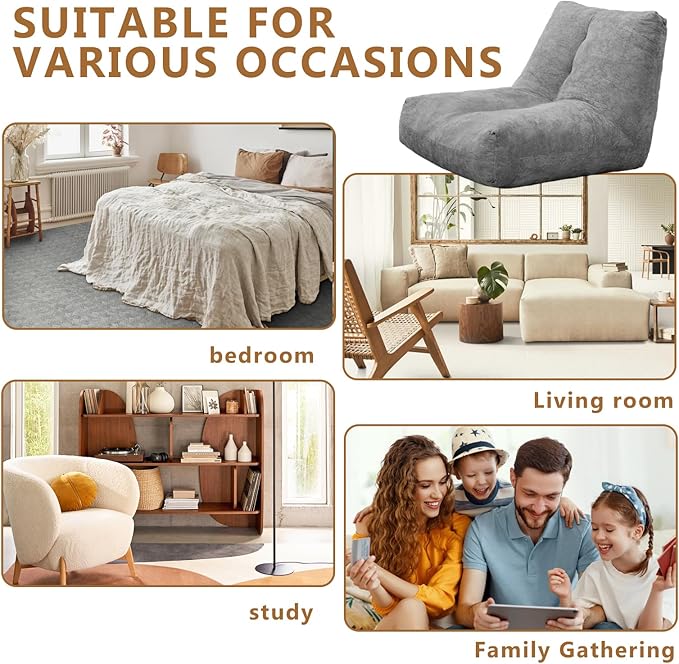 Bean Bag Chairs for Adults, Memory Foam Bean Bag Chair, Spacious Single Sofa, Ergonomic Support Reading Floor Sofa Chair with Filler, Comfy Cozy Beanbag Couch for Bedroom Living Room (Grey)