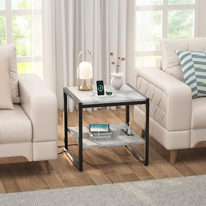 Homieasy End Table with Charging Station, 20 Inch Square Side Table with USB Ports & Power Outlets, Grey Nightstand with 2-Tier Storage Shelf, Mini Fridge Stand for Small Spaces, Light Oak