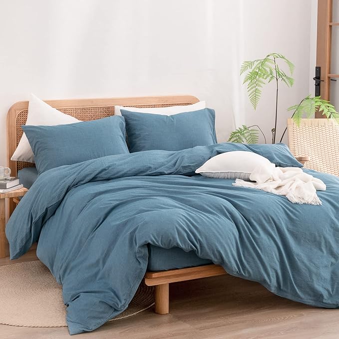 BESTOUCH Duvet Cover Set 100% Washed Cotton Linen Feel Super Soft Comfortable Chic Lightweight 3 PCs Home Bedding Set Solid Dark Blue King