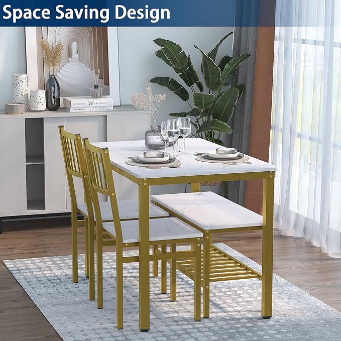 Teraves Dining Table Set for 4/Computer Desk,Kitchen Table with 2 Chairs and a Bench,Table and Chairs Dining Set 4 Picce Set for Dining Room (White Marbling+ Gold Frame,120CM)