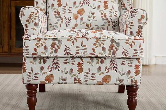 Ball & Cast Modern Accent Chair,Comfy Upholstered Armchair with Retro Wood Legs,Floral Design Single Sofa Chair,Living Room Furniture for Apartment,Bedroom,Office,Linen Fabric,Floral Yellow