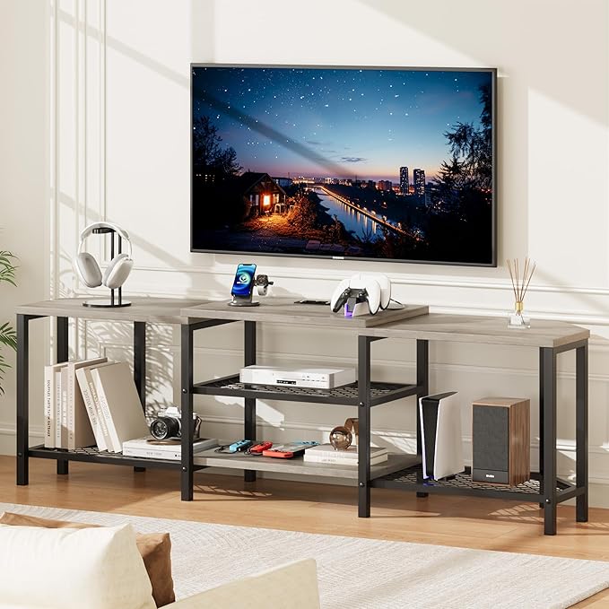 GarveeHome 67 Inch Large TV Stand with LED Lights for 55/65/75 Inch TV, Corner Entertainment Center with Power Outlets, 4 Open Storage Shelves, Media Console for Living Room, Bedroom, Grey