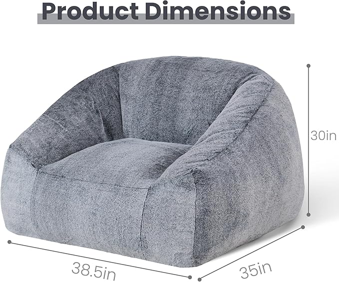 Bean Bag Chairs for Adults, Giant Beanbag Sofa Comfy Reading Chair, Oversized Bean Bag Chairs for Living Room Bedroom, Soft Faux Fur Fabric, 3.2FT, Dark Grey, Plush