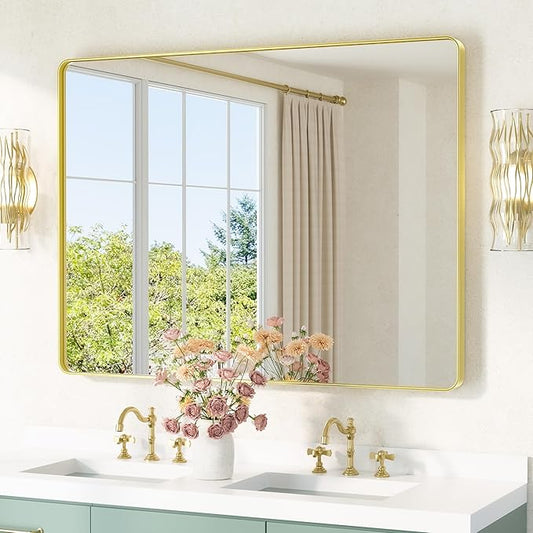 TETOTE 48 x 36 Inch Gold Mirrors Brushed Gold Metal Framed Bathroom Mirror, Tempered Glass, Modern Farmhouse Wall Mounted Mirror for Decorative(Horizontal/Vertical)