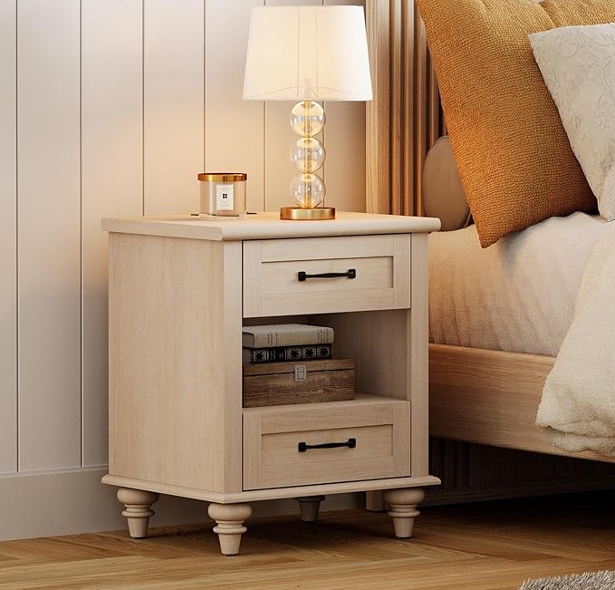 WAMPAT Beige Side Table with Charging Station, Elegant Nightstand for Bedroom with 2 Drawers & Open Shelf, Wooden End Table Bedside Table for Living Room, Kids Room