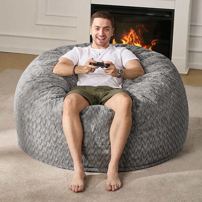 Hobestluk 4ft Bean Bag Chairs for Adults Large Beanbag Chair with Chevron Plush Fur Cover Big Bean Bag Chair for Living Room Bedroom Dorm Office - Grey (44” x 44” x 24”)