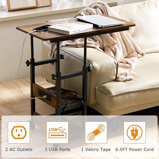 C Shaped End Table Height Adjustable - Couch Side Table with Charging Station, TV Tray with Wheels Slide Under Sofa for Small Spaces, Living Room Bedroom, Rustic Brown