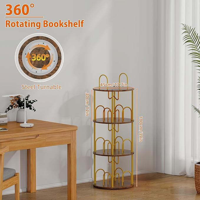 3 Tier Rotating Bookshelf, 360° Spinning Bookshelf Tower, Round Narrow Space Saving for Books and Display, Revolving Bookcase Corner Tall Book Shelf for Small Spaces, Bedroom, Living Room, Gold