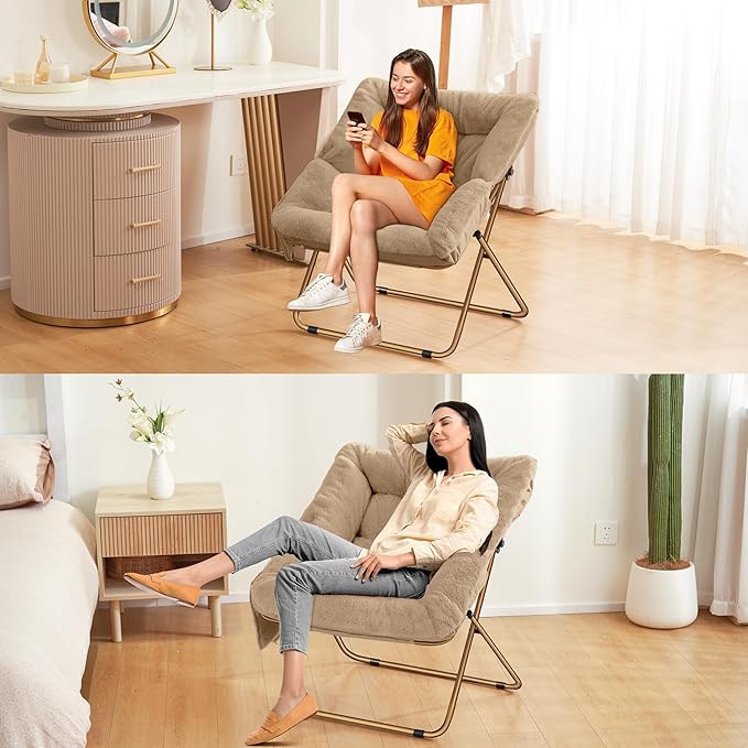 Comfy Saucer Chair for Adults, Foldable Living Room Chairs, Soft Faux Fur Lounge Chair for Bedroom, Reading Chairs, X-Large (Ottoman-Beige)