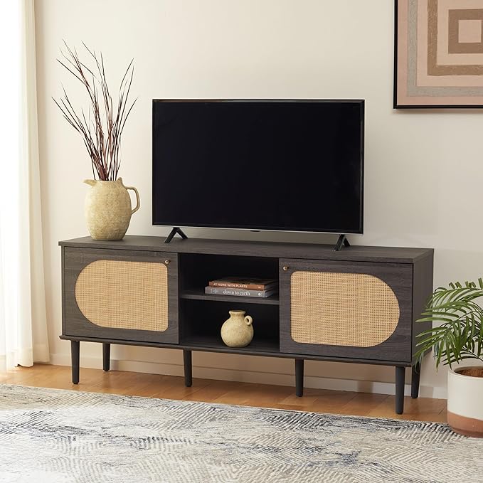 SAFAVIEH Claude TV Stand for up to 65" Flatscreen – Distressed Black, 2 Sliding Doors with Interior Storage, 2 Open Shelves, Entertainment Media Console (MED9610E)