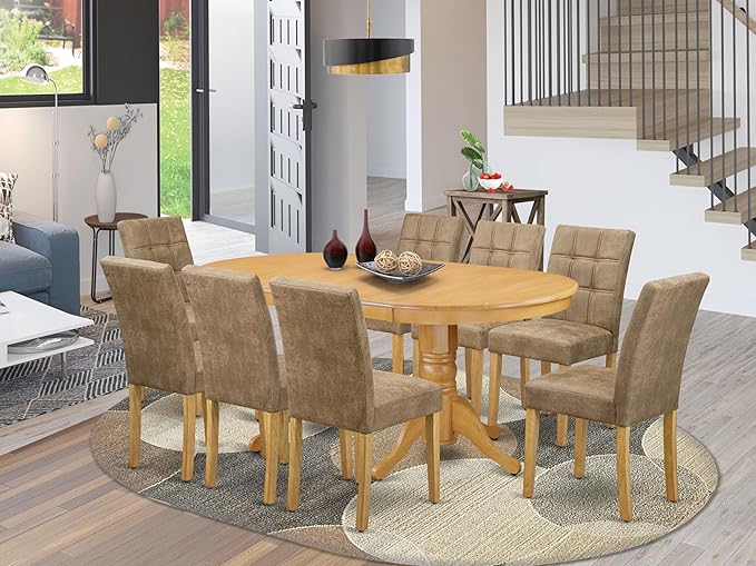 East West Furniture VAAS9-OAK-28 9 Piece Mid Century Modern Dining Table Set Contain A Dining Table and 8 Brown Textured Polyester Fabric Modern Chairs, Oak