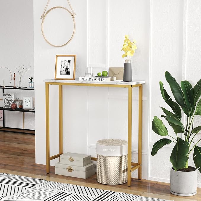 HollyHOME Narrow Hallway Table, 29.5" Small Console Stand, Slim Entryway Table, Sofa Desk, for Hallway, Bedroom, Living Room, Foyer, Marble Texture