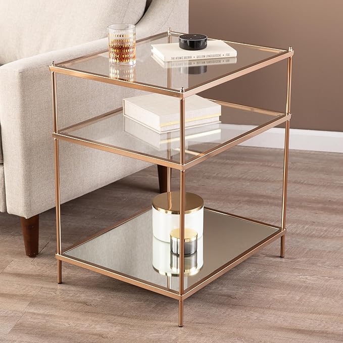 SEI Furniture Knox Side Table - Metallic Gold Metal Frame With Glass Top - Glam Style Décor, Copper