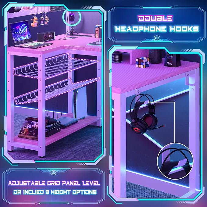 Homieasy Small Gaming Desk with Power Outlets Pegboard LED Light, 51 Inch L Shaped Computer Desk with Monitor Stand Storage Shelves, Reversible Corner Desk with Headset Hooks, Carbon Pink