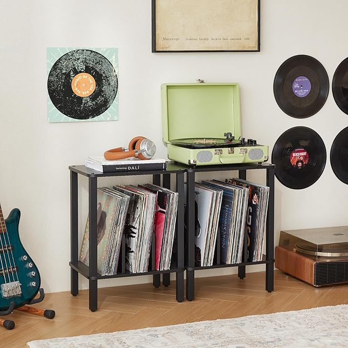 LELELINKY 2-Tier Record Player Stand with Vinyl Record Storage up to 100 Albums, Bedroom Record Holder and Multi-Functional End Table for Living Room, Black