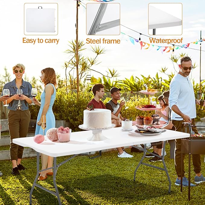 Folding Table 6ft Plastic Folding Table Indoor & Outdoor for Picnic, Camping,BBQ and Party, with Powder Coated Steel Legs and Built in Carry Handle, White